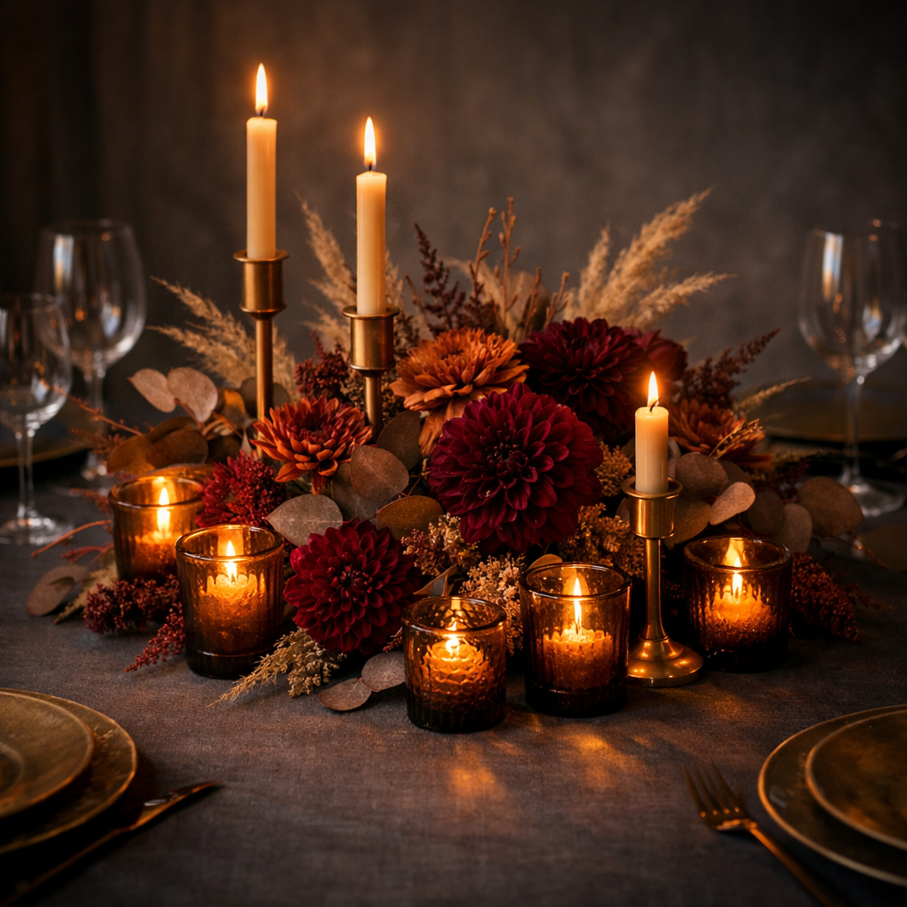 2026 Moody, Chic Fall Floral Candle Centerpieces for Round Tables